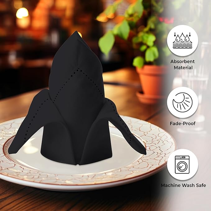 Urban Villa Halloween Cloth Napkins Black Color Dinner Napkins Hemstitch 20''x20'' (Set of 12) 100% Cotton Absorbent Napkins Soft Durable Reusable Washable Ideal for Events Parties Everyday use