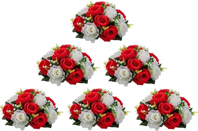 Artificial Flowers, 6 Pcs Flower Ball Arrangement Bouquets 15 Heads Plastic Roses with Base, Perfect for Wedding Party Valentines Table Decoration, Home Décor, Wedding Centerpieces (red White)