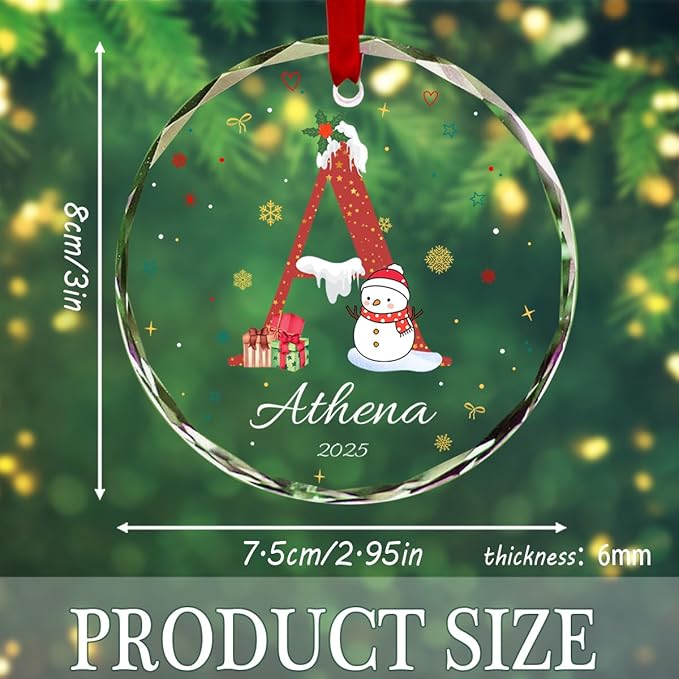 Personalized Round Christmas Crystal Glass Ornaments Custom 2025 Name Ornament for Christmas Tree Decorations Customized Xmas Tree Hanging Gifts for Family Boys Girls