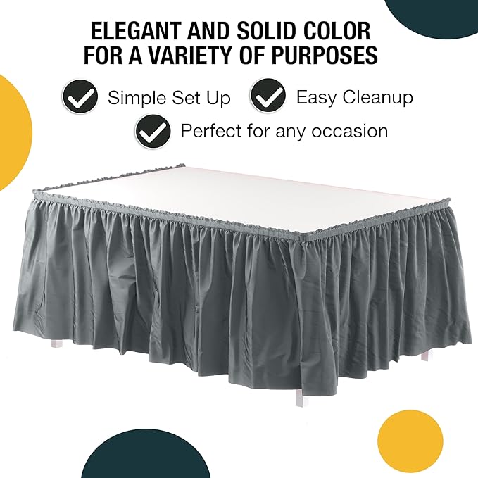 Exquisite Ruffle Table Skirt Silver Pack Of 12, 14 Ft Long Table Skirts for Rectangle Tables 6ft Plus or Round Tables Skirts with Adhesive Strip for Gender Reveal Decor & Happy Birthday Parties