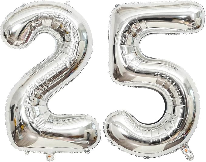 40 Inch Silver 25 Number Balloons Giant Jumbo Huge 25 or 52 Foil Mylar Helium Number Digital Balloons Silver Birthday Mylar Digital Balloons 25 Birthday Party 25th Anniversary Events Party Decorations
