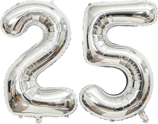 40 Inch Silver 25 Number Balloons Giant Jumbo Huge 25 or 52 Foil Mylar Helium Number Digital Balloons Silver Birthday Mylar Digital Balloons 25 Birthday Party 25th Anniversary Events Party Decorations