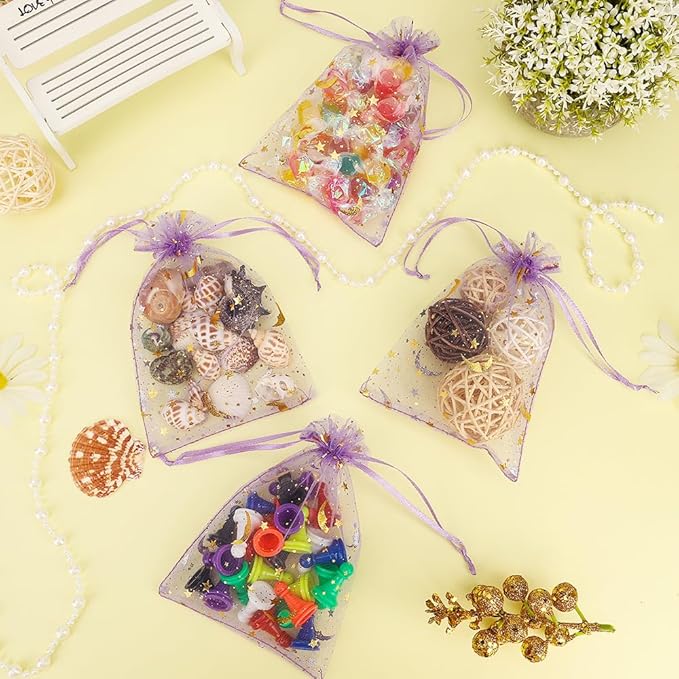 Moon Star Organza Bags 4x6 Small Mesh Bag Drawstring 50 Pcs Mesh Gift Bags Drawstring Pouch Wedding Favor Bags Jewelry Pouches Bulk Gift Pouch for Candy Soaps Birthday Festival Party Supplies, Purple