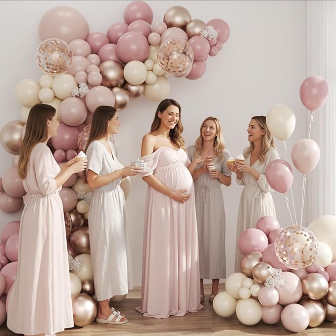 Dusty Pink and Rose Gold Balloon Arch Kit, 134pcs Double Stuffed Light Pink Dusty White Metallic Gold Confetti Balloons Garland Kits for Birthday Wedding Baby Shower Bridal Party Decorations