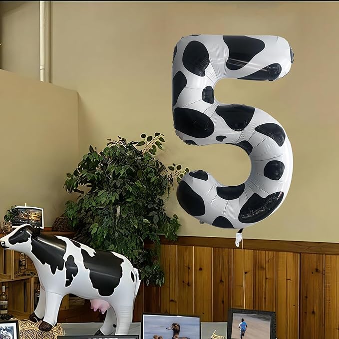 Cow Print Number Balloons, Large Foil Number 5 Balloon 40 Inch Cow Balloon for Boys Girls Birthday Decoration Cow Themed Birthday Party Decorations Farm Animal Party Supplies