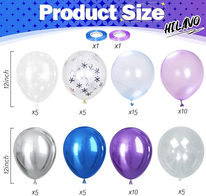 Snowflake Balloons Set, 60Pcs 12 Inch Pastel Blue Light Purple Metallic Silver Balloon with Transparent Snowflake Confetti Balloons for Ice Snow Theme Party Winter Birthday Party Decorations