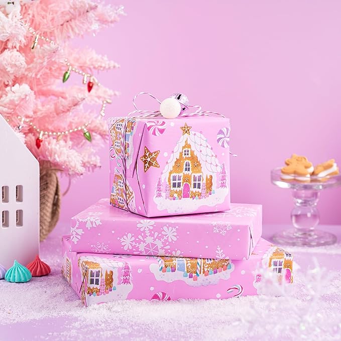 WRAPAHOLIC Reversible Gingerbread Christmas Wrapping Paper - Mini Roll - 17 Inch x 33 Feet - Pink Gingerbread House and Snowflake with Embossed for Christmas, Holiday, Party Celebration