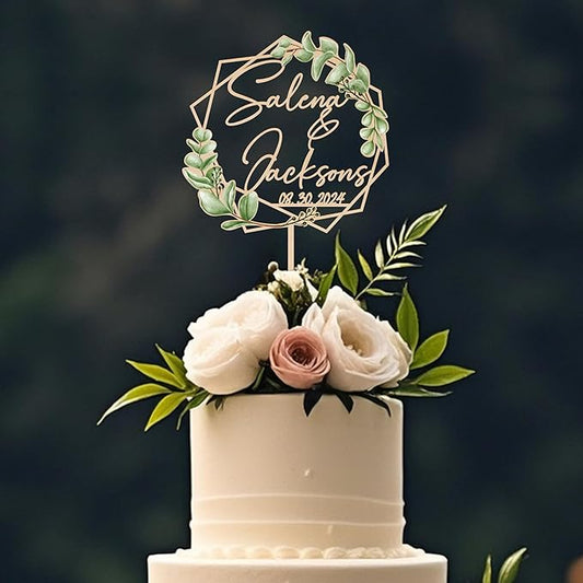 Wooden Wedding Cake Topper Personalized Names Date Geometric Eucalyptus Leaves Cake Decoration for Engagement Anniversary