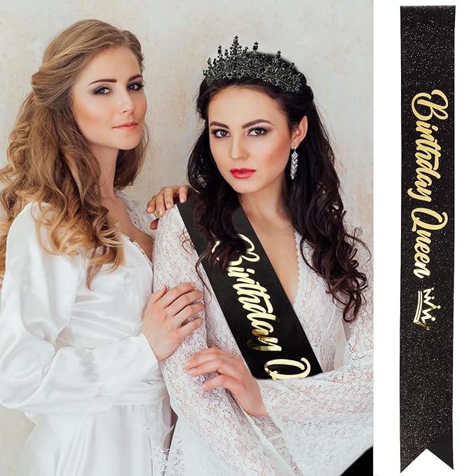 VELSCRUN Birthday Queen Tiara Crowns for Women Girls Black Crystal Birthday Queen Headband Sash Elegant Princess Crown Happy Birth Party Decorations Mom Sisters Birth Gift Hair Accessories