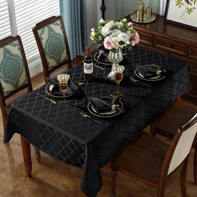 SASTYBALE Jacquard Tablecloth Flower Pattern Polyester Table Cloth Spill Proof Dust-Proof Wrinkle Resistant Table Cover for Kitchen Dining Tabletop Decoration (Square, 52" x 52" (4-6 Seats),Black