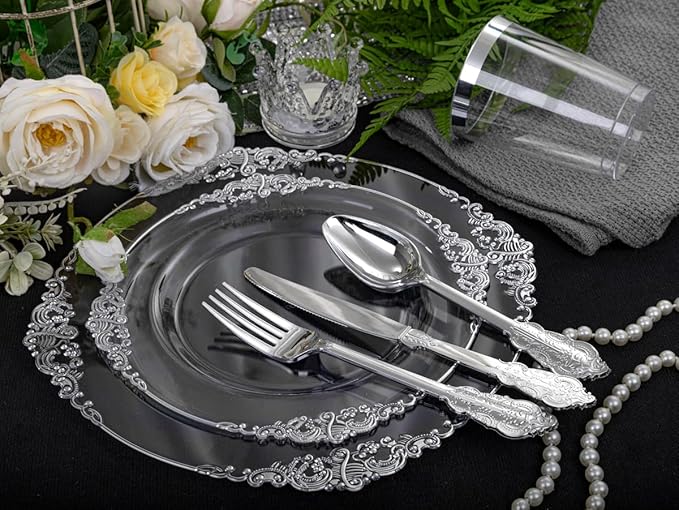 Morejoy 350PCS Clear Silver Plastic Plates - Silver Disposable Plates sets Include 50 Dinner Plates,50 Salad Plates,50 Forks,50 Knives, 50 Spoons，50 Cups, 50 Rolled Napkins for Wedding & Party