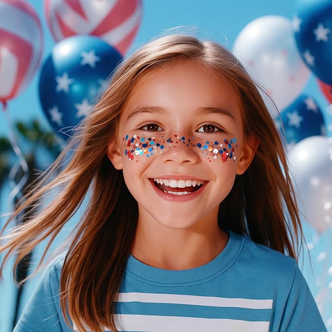Mysense Patriotic USA Flag Face Hair Glitter for Independence Day Memorial Day Veterans Day, 4th of July Outfits and Accessories for Women Kids, 08# Red White and Blue Glitter Stick, 0.56oz