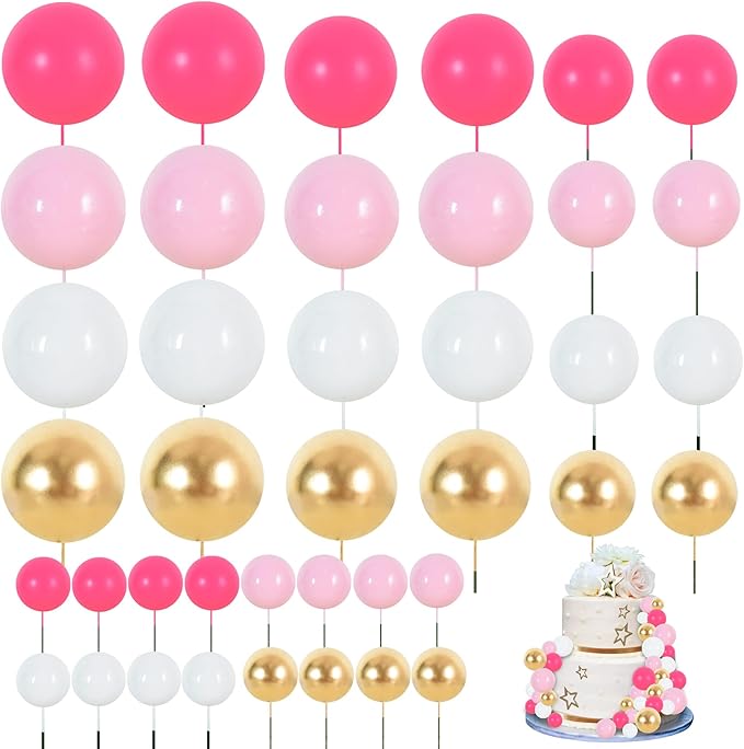 BEISHIDA 40 Pcs Foam Ball Cake Toppers with Sticks Mini Cake Decorations for Birthdays, Weddings, Baby Showers, DIY Baking Supplies, Anniversary Party (Hot Pink，Pink，White，Gold)
