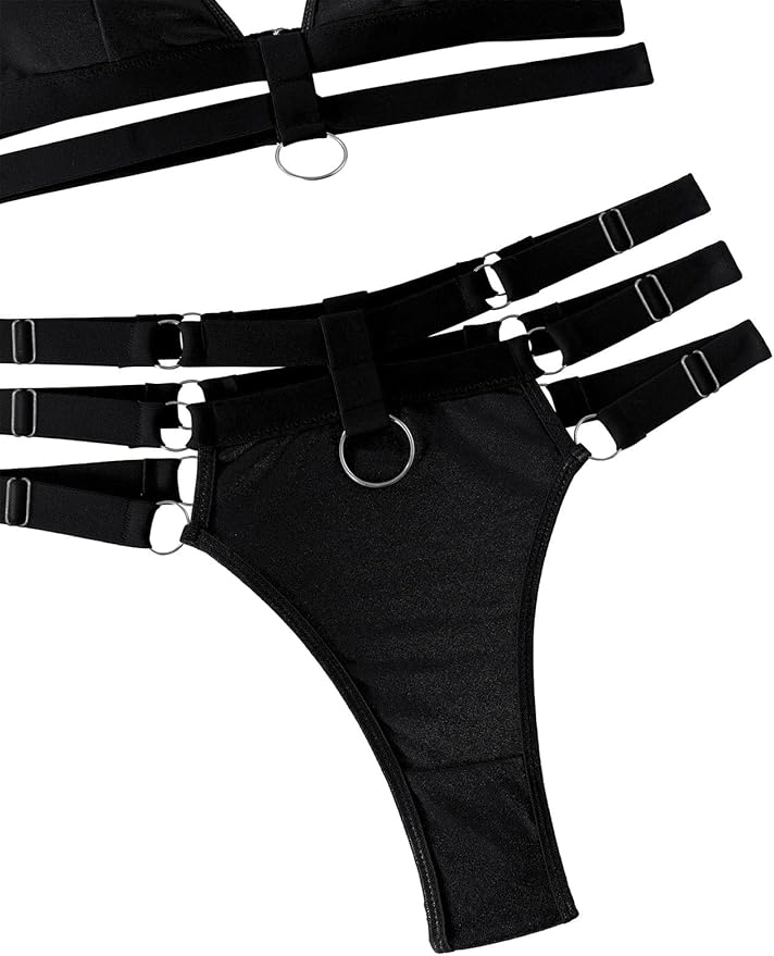 Lilosy Sexy Wireless Choker O Ring Linked Strappy Harness Lingerie Set Outfits 3 Piece