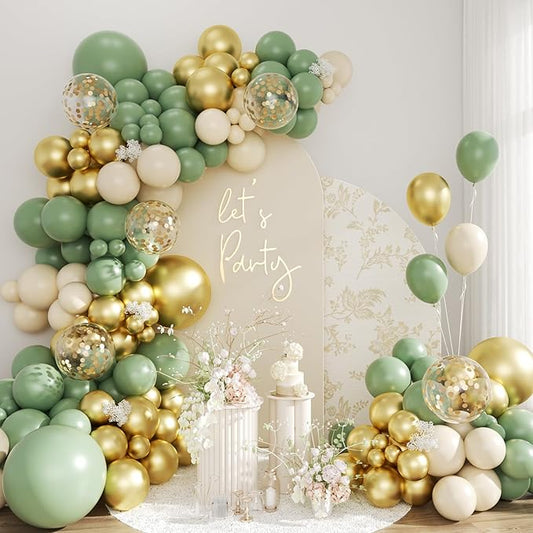 Sage Green and Gold Balloon Arch Kit, 134pcs Dusty White Metallic Gold Confetti Balloons Garland Kits for Birthday Wedding Baby Shower Bridal Party Anniversary Decorations