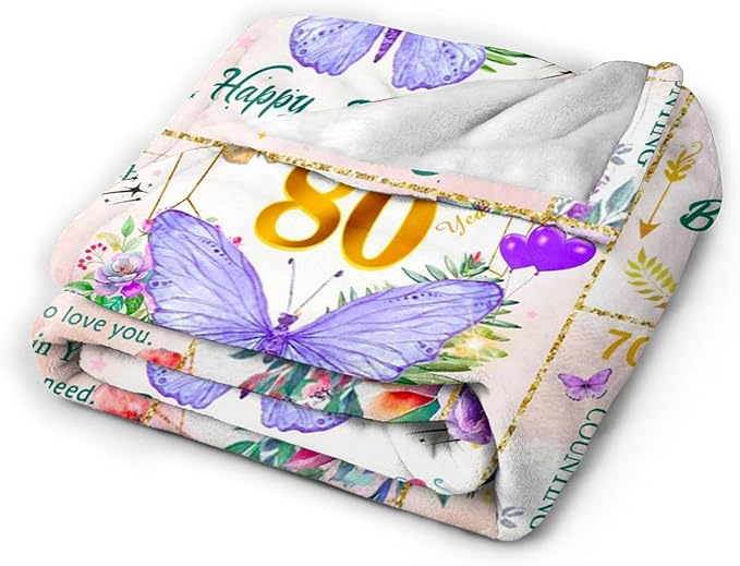 80th Birthday Gifts for Women Blanket, Fun Purple Butterfly Flower Throw Blanket Gifts Ideas for 80 Year Old Mom, 80th Birthday Decorations for Women, Super Soft Warm Plush Flannel Blankets 60"X50"