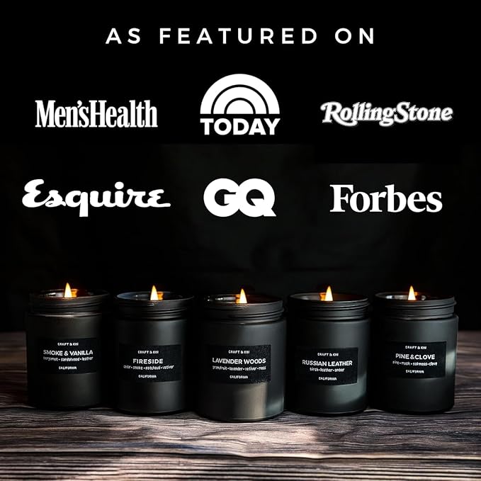 Craft & Kin Premium Smoke & Vanilla Candle | Black Christmas Scented Candles for Men | Long Lasting with 45 Hour Burn Time, 7.6oz | Soy Holiday Candle | Aromatherapy at Home | Gifts for Men