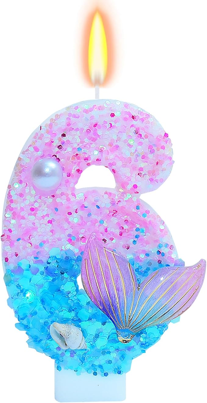 Mermaid Themed Birthday Candles, Number 6 Girls Glitter Birthday Party Supplies,Anniversary Party Decor,2.87 inch Cake Topper Decorations (Mermaid Themed, Number 6)