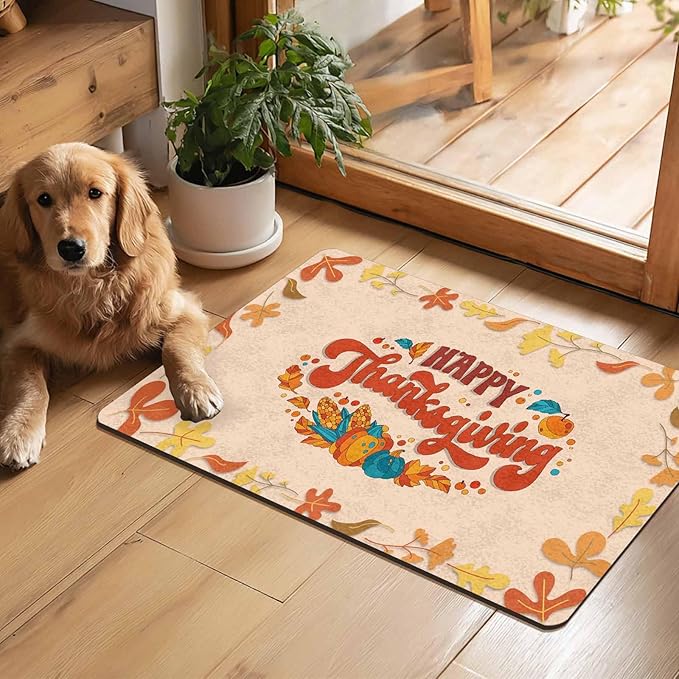Fall Welcome Maple Leafs Decorative Door Mat, Autumn Thanksgiving Doormat for Indoor Outdoor Entrance Floor Mats,Fall Pumpkins Non Slip Harvest Vintage Decor Rubber Welcome Mats 16" x 24" Inch