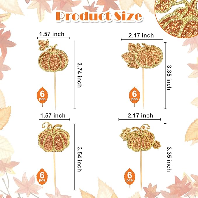 Glitter 24Pcs Pumpkin Cupcake Toppers Thanksgiving Cupcake Toppers Fall Theme Cupcake Picks for Thanksgiving Day Harvest Pumpkin Theme Baby Shower Birthday Cake Decorations Party Supplies