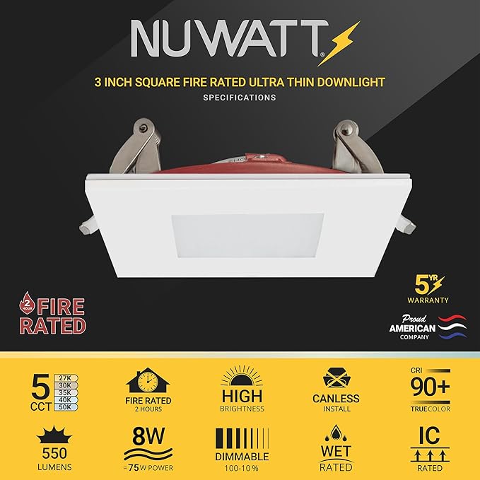NUWATT 12 Pack 2 Hour Fire Rated 3 Inch Square LED Recessed Lighting, 27K/30K/35K/40K/50K Selectable, 550LM Dimmable, IC Rated, Wet Rated, 3" LED Wafer Lights, No Fire Rated Light Covers Needed