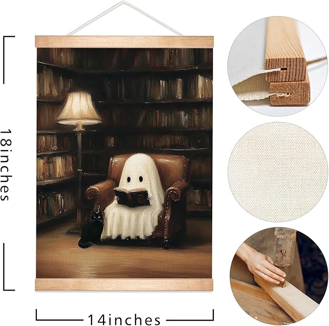 HEYJEEPER Ghost Reading in Library Wall Art,14x18.5inch Gothic Halloween Linen Canvas Poster and Black Cat Print, Vintage Dark Aesthetic Decor for Library,Study,or Witch's Bedroom(BLK01)