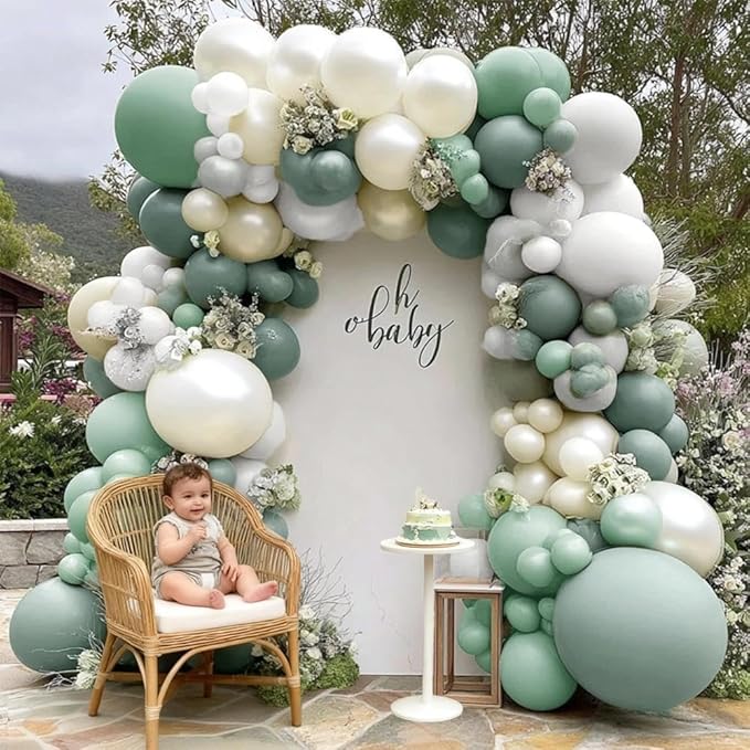 Sage Green White Balloon Garland Double Stuffed Dusty Green White Pearl Balloons Olive Pastel Balloon Arch Kit for Neutral Baby Shower Bridal Shower Birthday Baptism Christmas Party Decorations