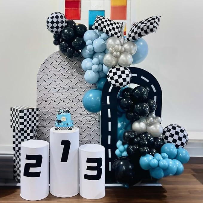 Race Car Balloons,12 Inch Checkered Flag Print Balloons and Blue Silver White Confetti Balloon for Boys Racing Car Birthday Baby Shower Fast Transportation Party Decorations