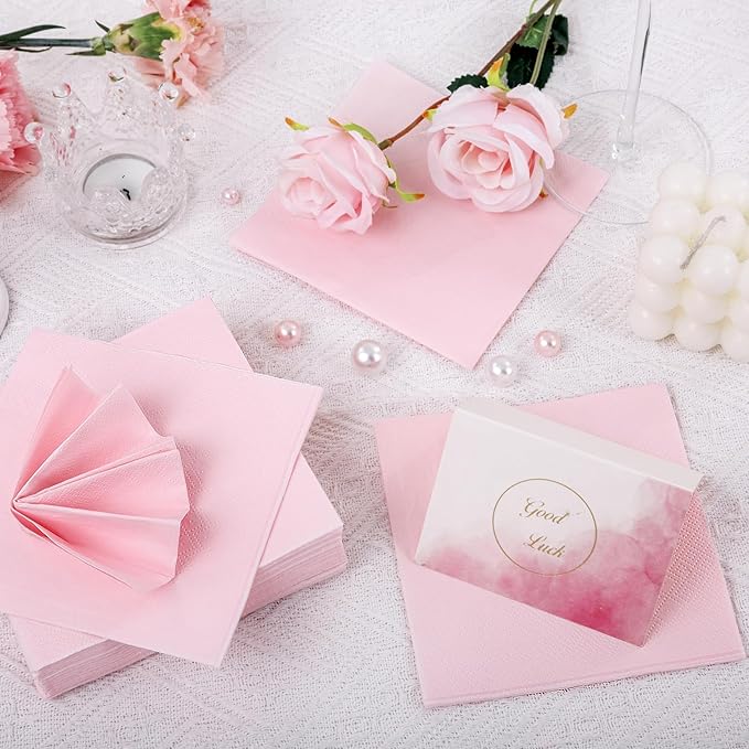 FLOWERCAT 100-Count 2-Ply Pink Cocktail Napkins - Beverage Napkins Disposable Premium Quality - 5" x 5" Pink Paper Napkins for Party & Mother's Day,Bar,Weddings,Birthday