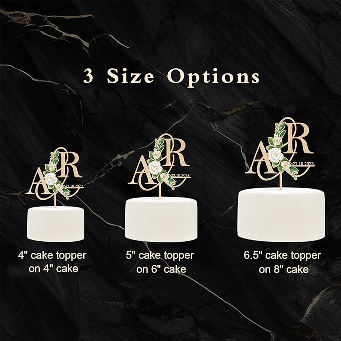 Personalized Wedding Cake Topper in Wood Custom Initials & Date Wedding Cake Decoration Printed with Flowers & Green Leaves