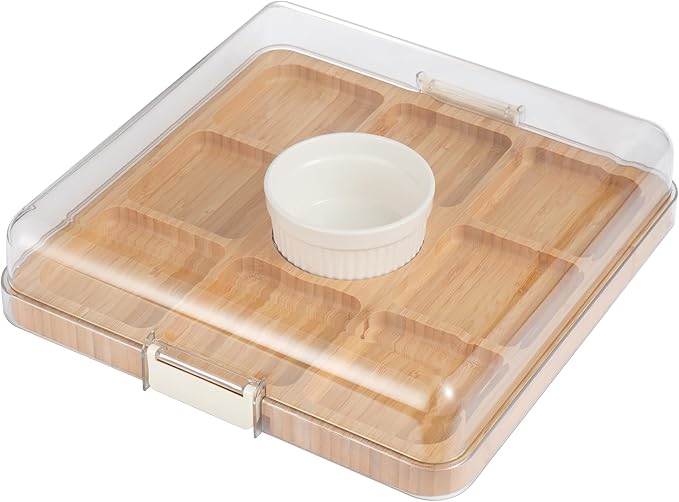 YANG Charcuterie Board with Lid, Divided Bamboo Serving Tray with Leak-Proof Locking Lid, Serving Platter for Party Appetizer Cheese Snack Gift Ready (9 Compartments,Square)