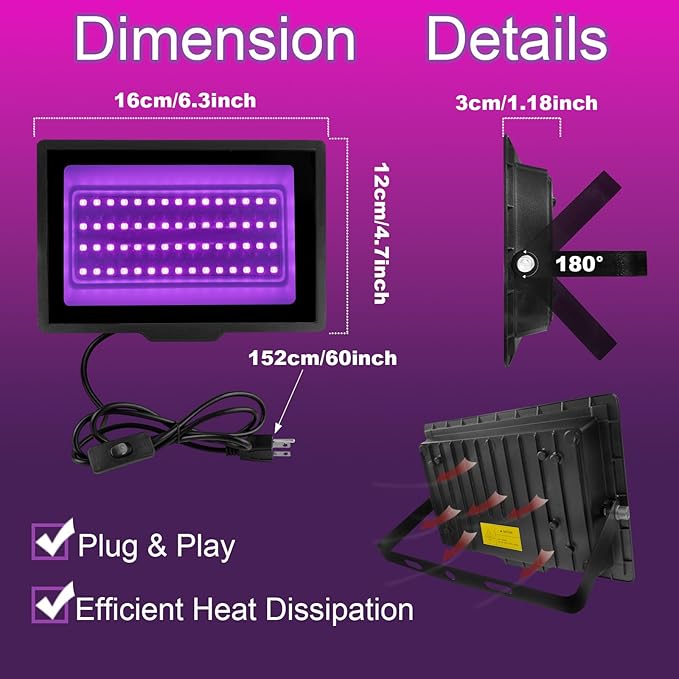 2 Pack 40W LED Black Light IP66 Waterproof,Blacklight with Plug and Switch,Flood Light for Glow Party,Halloween Decoration, Body Paint, Fluorescent Poster, Stage Lighting,Neon Glow,5.25Ft Cord