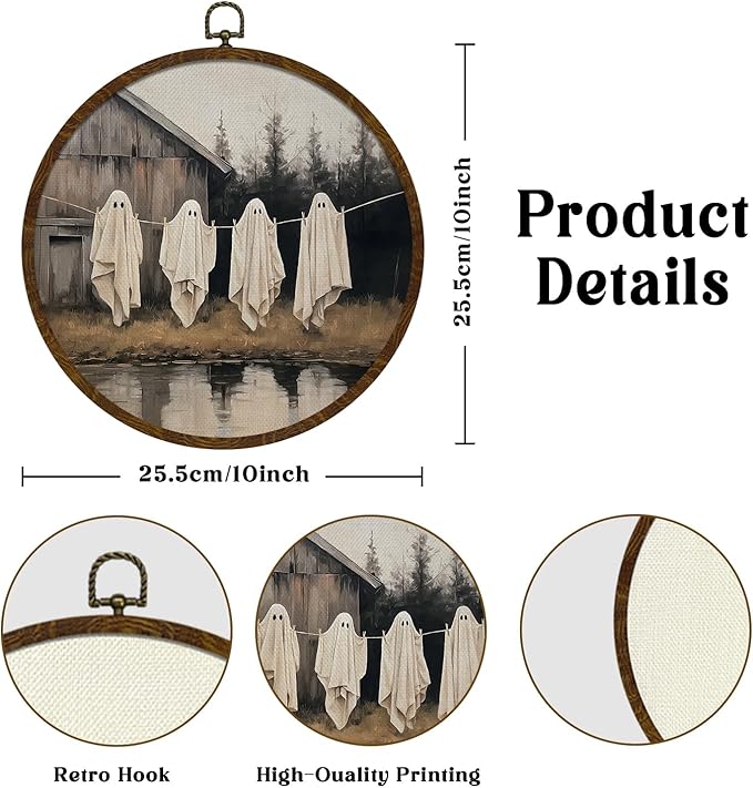 Funny Halloween Ghost Round Wall Art,Gothic Canvas Wall Hanging Decor, Spooky Farmhouse Vintage Round Wall Art for Bedroom Living Room Entryway, Rustic Ghost Gothic Wall Decor,Gift for Halloween10x10Inch(Dark-Ghost04)
