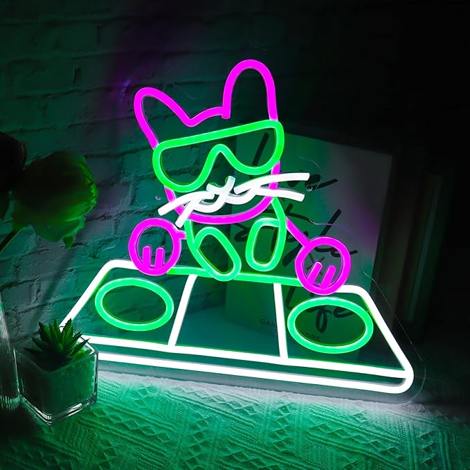 DJing Cat Neon Sign - USB Powered LED Night Light/Music Studio & Bedroom Decor/Wall Art Gift for DJs & Trendy Spaces