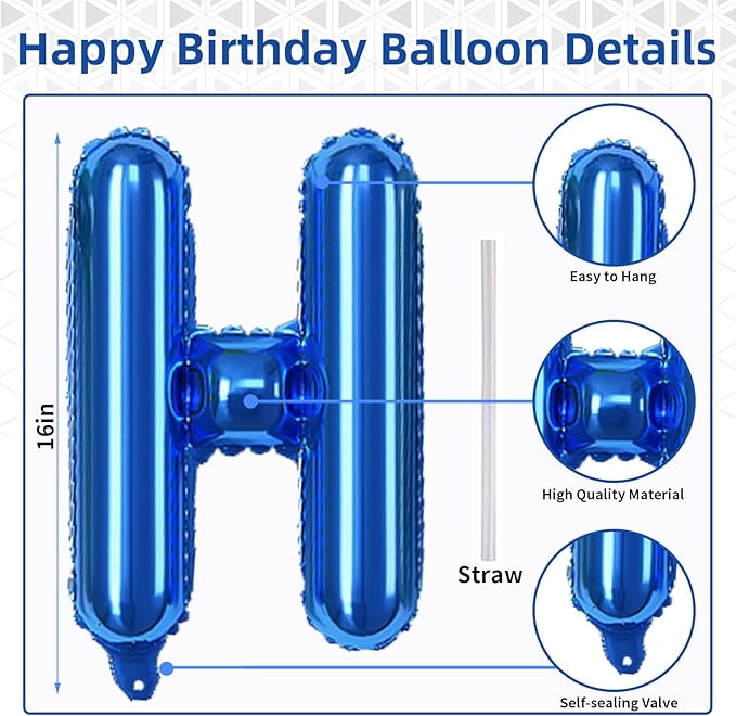 Happy Birthday Balloons Letters Banner, Blue Happy Birthday Bunting Balloon, 16 Inch Self Inflating Birthday Mylar Foil Balloons Banner with Ribbon for Boys Men Birthday Party Decorations Supplies
