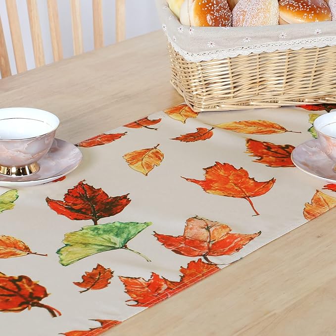 LUSHVIDA Thanksgiving Day Fall Leaves Table Runner, Washable Wrinkle Resistant Autumn Harvest Table Runner for Indoor/Outdoor Holiday Parties Decoration 14x108 inches
