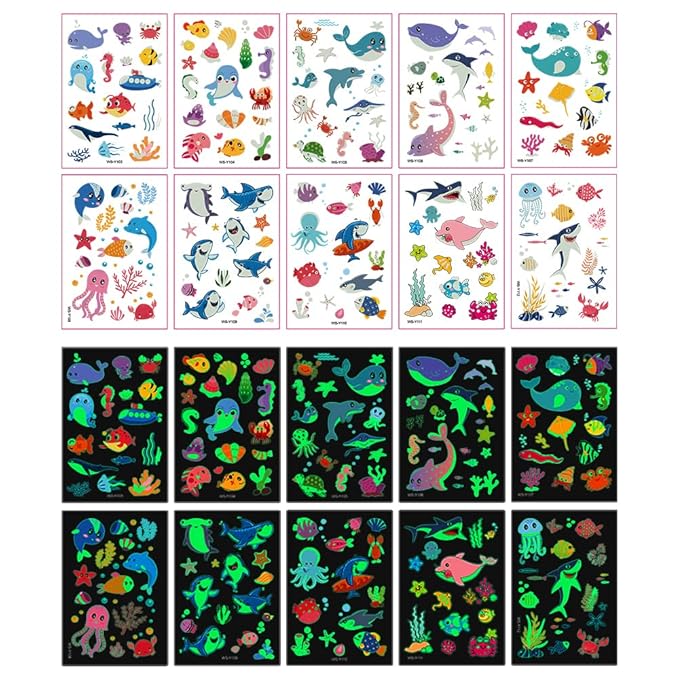 Luminous Temporary Tattoos for Kids - 130Pcs Marine Animal Glow Tattoos Stickers,Ocean Theme Glow In The Dark Tattoos for Boys and Girls,Face Makeup Fake Tattoo,Holiday Party Favors Gifts for child