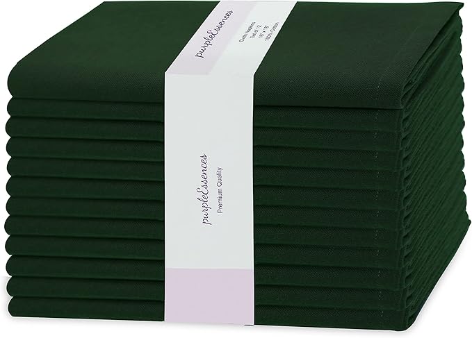 PurpleEssences Set of 12 Cloth Dinner Napkins 100% Cotton 18x18 Inch - Soft Durable Washable - Ideal for Farmhouse Party Christmas Holiday Winter - Perfect Everyday Use Table Linen - Forest Green
