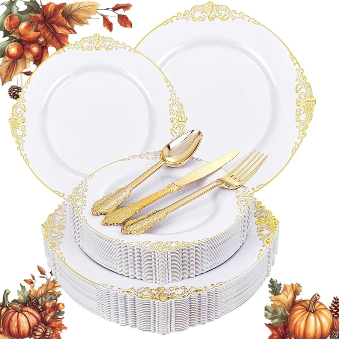 125PCS White and Gold Plastic Plates - Gold Disposable Plates with Plastic Silverware - Vintage Disposable Dinnerware Set for 25 Guests for Christmas Parties, Thanksgiving