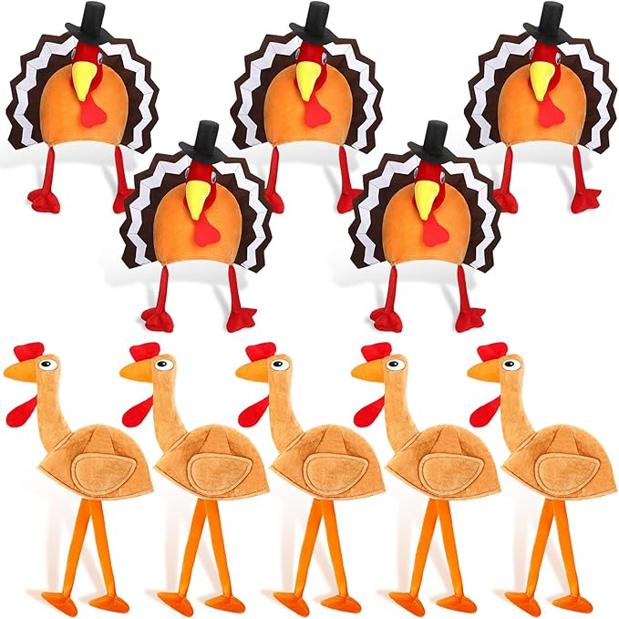 Hanaive 10 Pieces Thanksgiving Turkey Hats Bulk for Adults Turkey Costume for Dress-up Party Plush Turkey Hat Party Supplies