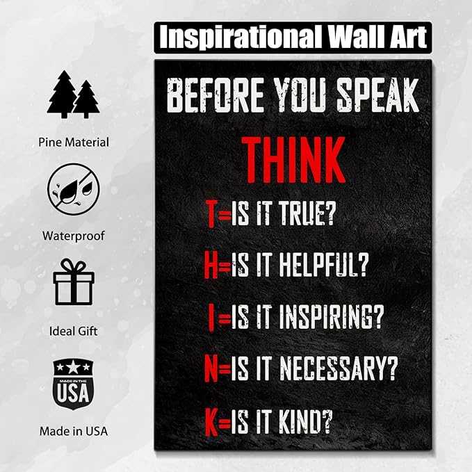 Think Before You Speak Motivational Wall Decor, Inspirational Wall Art for Office & Home, Positive Quotes Canvas Prints Ready to Hang, Uplifting Office Wall Art for Living Room or Bedroom