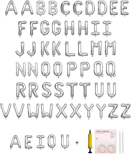 58 PCS Letter Balloons Alphabet Letters 2 Sets A- Z & 1 Sets AEIOU 16 - Inch Mylar Foil Balloons Set for Wedding/Birthdays/Annivs/Grads party Decoration Banner Custom Phrase (silver)