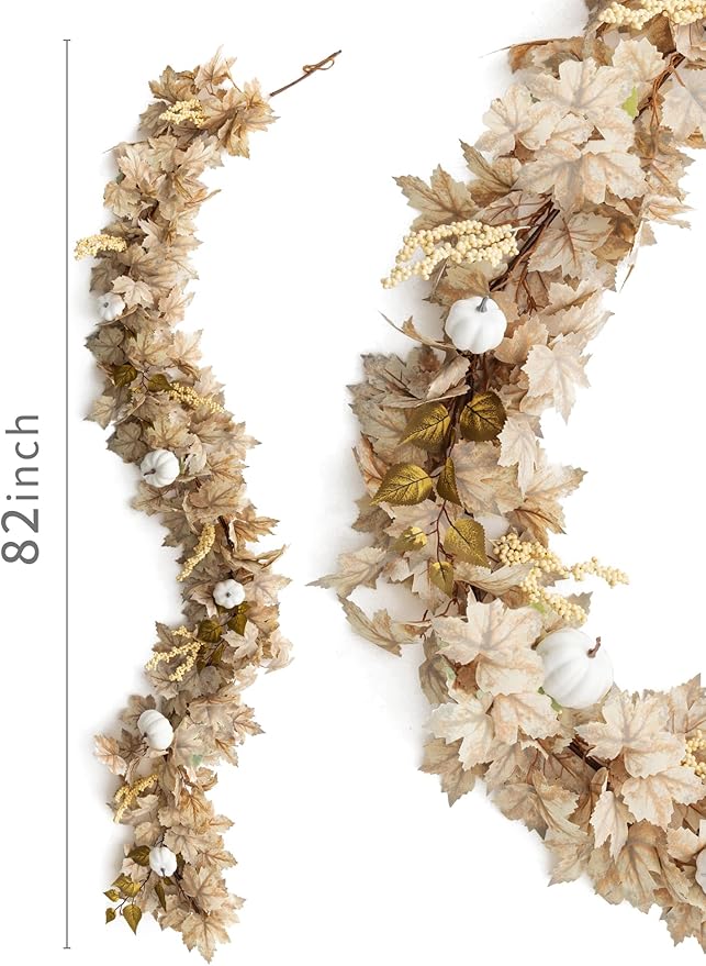 6.8ft Fall Garland Maple Leaf Autumn Thanksgiving Pumpkin Berry Garland, Christmas Halloween Mantle Fireplace Farmhouse Harvest Decorations for Home Outdoor Indoor(White)