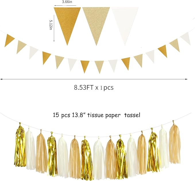 White-Gold Champagne Birthday Party Decorations - 27pcs Tissue Pom Poms Streamers,Christmas Tassel Garland,1st,2nd,10th,13th,18th,25st,30th,40th,50th Neutral Happy Birthday Banner Decor Panduola