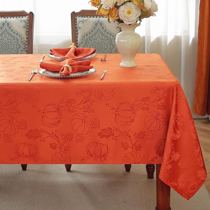 SASTYBALE Thanksgiving Tablecloths for Rectangle Tables, Jacquard Fall Table Cloth with Pumpkins and Vines, Stain Resistant Table Cover for Harvest, Dining, Party Decor (Rectangle, 60" x 120", Rust)