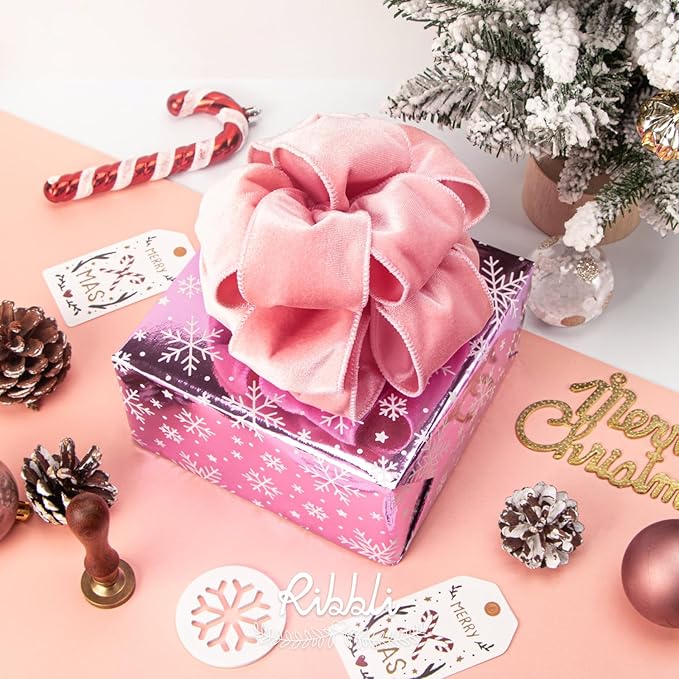 Ribbli Light Pink Velvet Wired Ribbon 2.5 Inch Velvet with Satin Christmas Ribbon for Gift Wrapping Christmas Tree Decoration Crafts Wreaths Supplies-Continuous 10 Yards