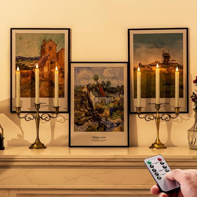 Homemory 12 Pcs Waxy Flameless Taper Candles with Remote, Flickering Battery Operated Taper Candles, Led Flameless Candlesticks Classic Tall Candle for Home, Wedding, Party, Ivory, 9.6 inches