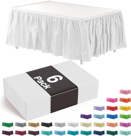 Exquisite Ruffle Table Skirt White Pack Of 6, 14 Ft Long Table Skirts for Rectangle Tables 6ft Plus or Round Tables Skirts with Adhesive Strip for Gender Reveal Decor & Happy Birthday Parties