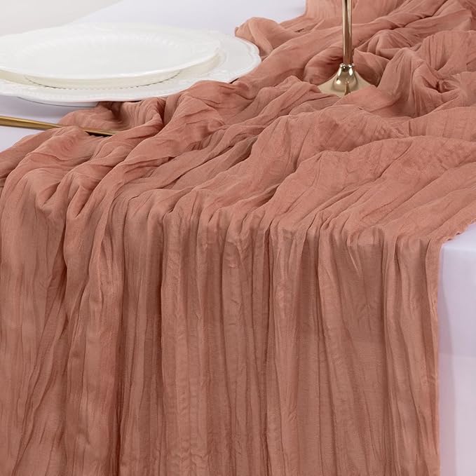 Socomi Dusty Rose Fall Thanksgiving Cheesecloth Table Runner Boho Rustic Gauze 120 inch 10FT Cheese Cloth Runner for Wedding Party Baby Shower Birthday Home Decor Holiday Decorations