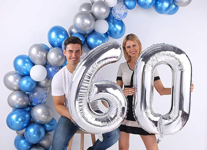 Silver 60 Number Balloons Big Giant Jumbo Large Number 60 Foil Mylar Balloons for Women Men 60th Birthday Party Supplies 60 Anniversary Events Decorations-40 inch